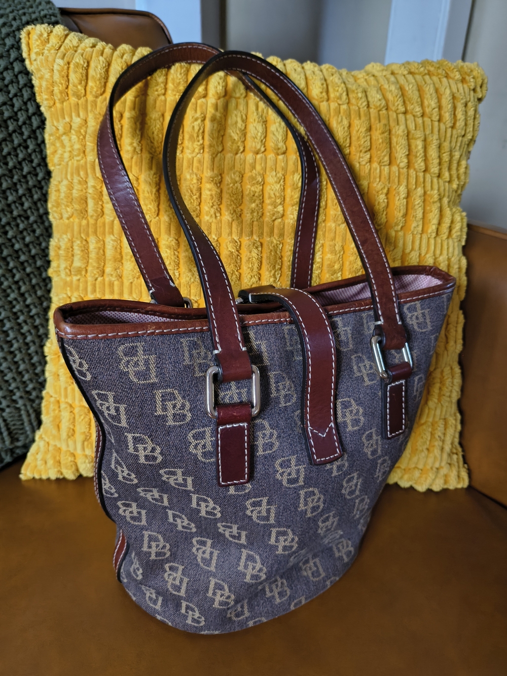 Dooney & Bourke Brown Monogram Canvas Tote with Chestnut Trim